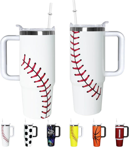 Pure Buddy - Football Lover Gift 30 oz Flip Straw Tumbler with Top Handle Football Pattern BPA-Free Leak Proof Stainless Steel Insulated Vacuum Flip Top Water Bottle for Sporting Working