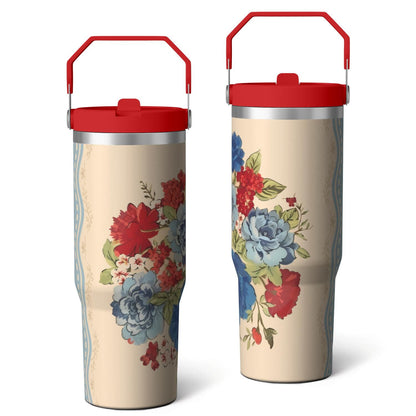 Pure Buddy - 30oz Pioneer Colorful Floral Stainless Steel Flip Straw Tumbler with Lid and Straw Spill Proof Travel Cup Double Wall Vacuum Insulated Coffee Mug with Top Handled Pink