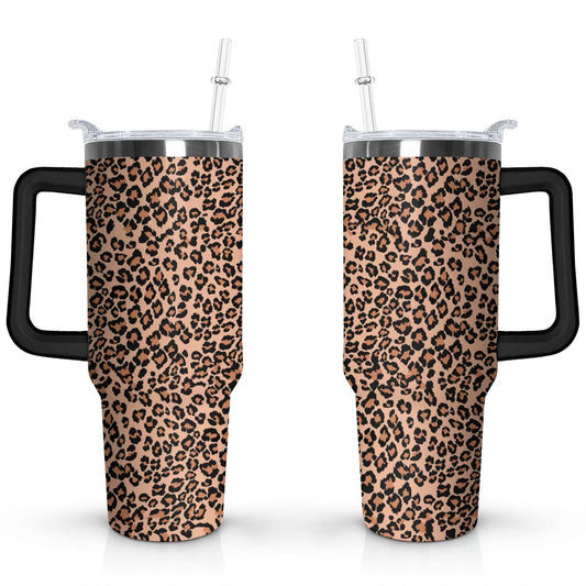 40oz Fashion Leopard Pattern Stainless Steel Flip Straw Tumbler Spill Proof Travel Cup Double Wall Vacuum Insulated Coffee Mug with Top Handle
